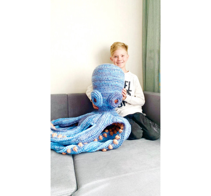 Handmade Giant Blue & Beige Crochet Octopus Toy